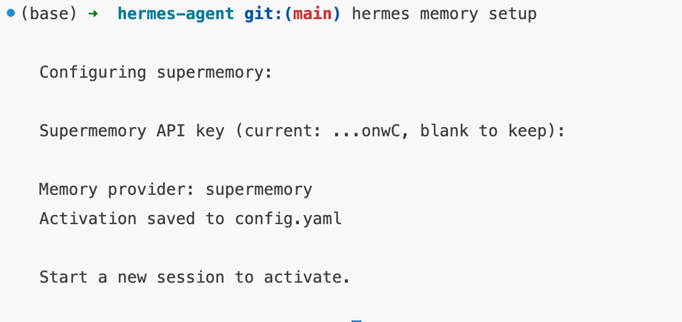 Terminal: hermes memory setup configuring Supermemory as the memory provider and saving activation to config.yaml