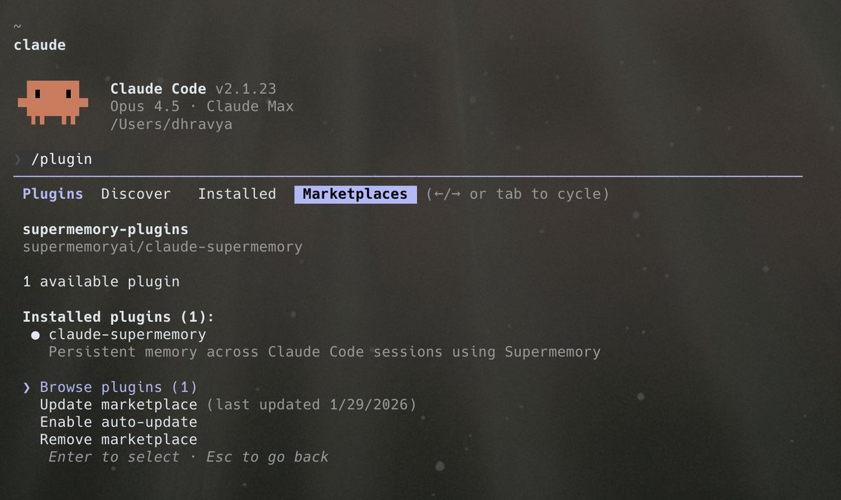 Claude Code plugins marketplace showing the installed supermemory-plugin for persistent cross-session memory