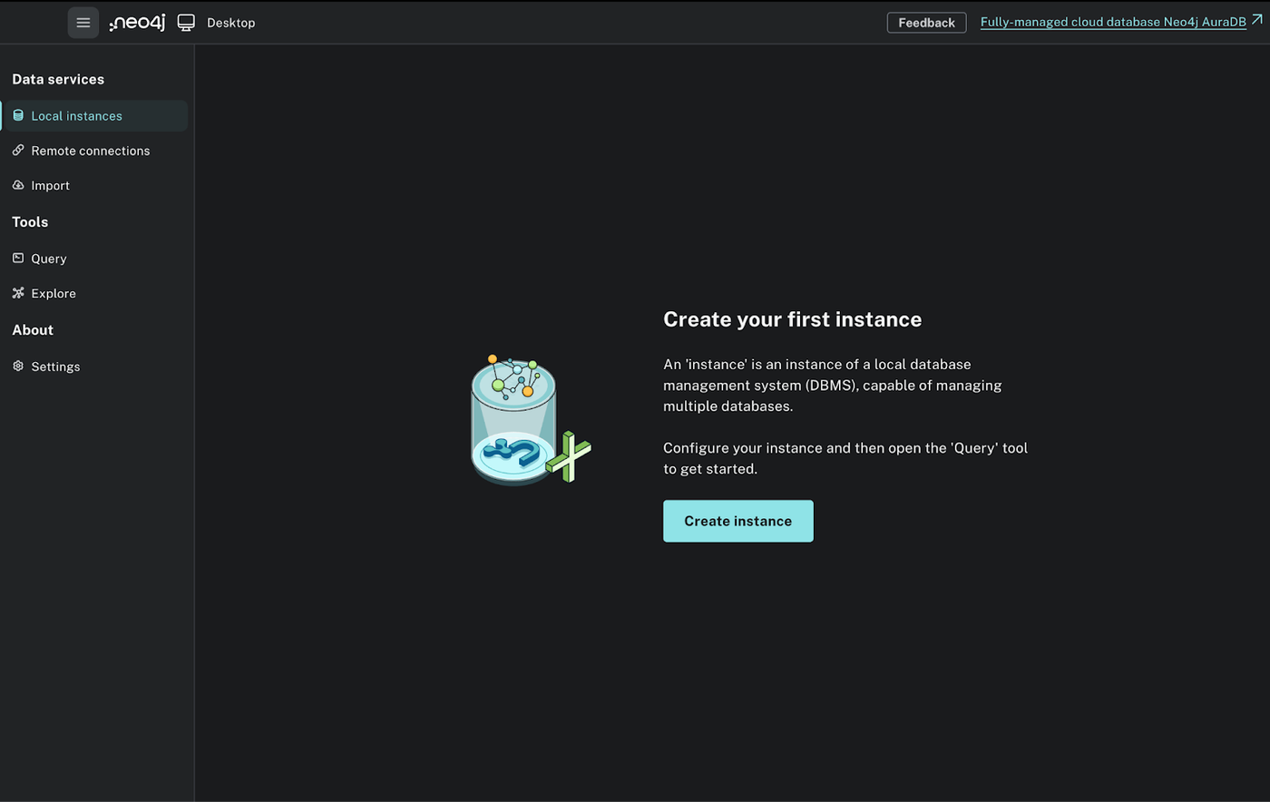 Neo4j Desktop welcome screen prompting to create your first local database instance