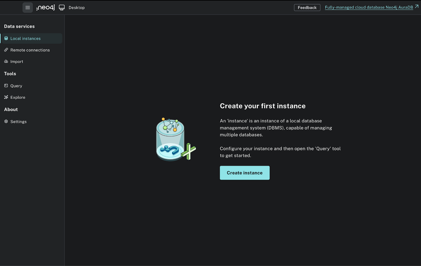 Neo4j Desktop welcome screen prompting to create your first local database instance