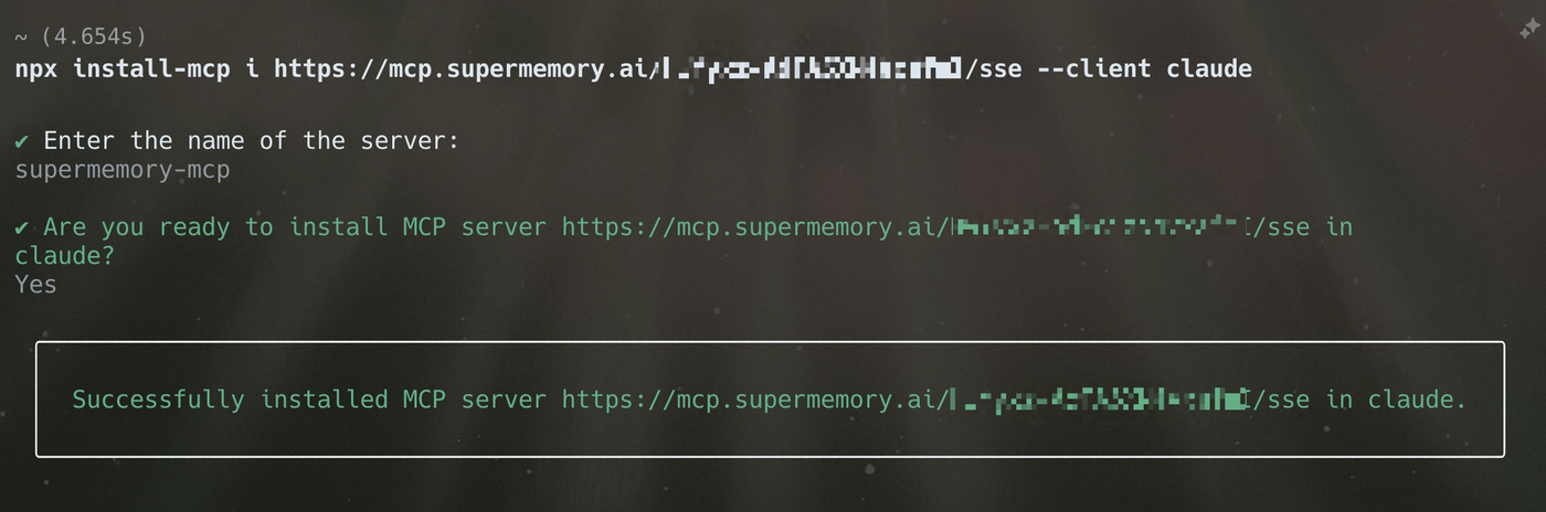 Terminal showing "Successfully installed MCP server" for supermemory-mcp with the claude client