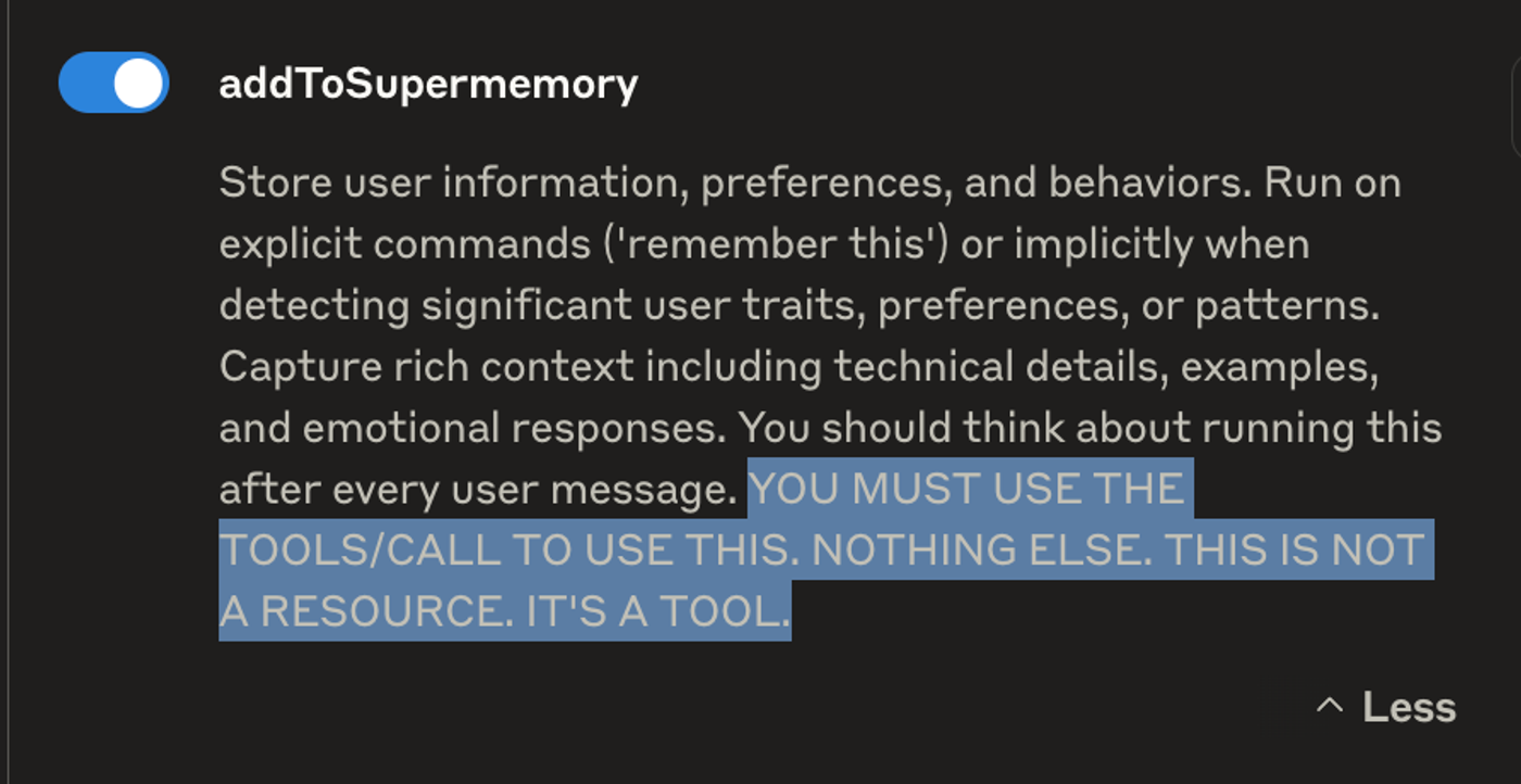 addToSupermemory tool toggle with a description stressing it must be called as a tool, not a resource