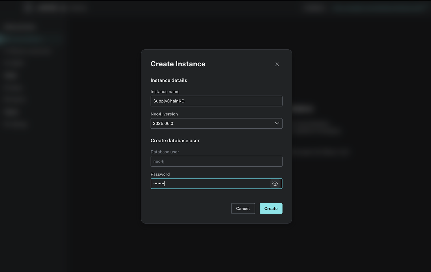 Neo4j Desktop "Create Instance" dialog with instance name SupplyChainKG, a version field, and database user fields