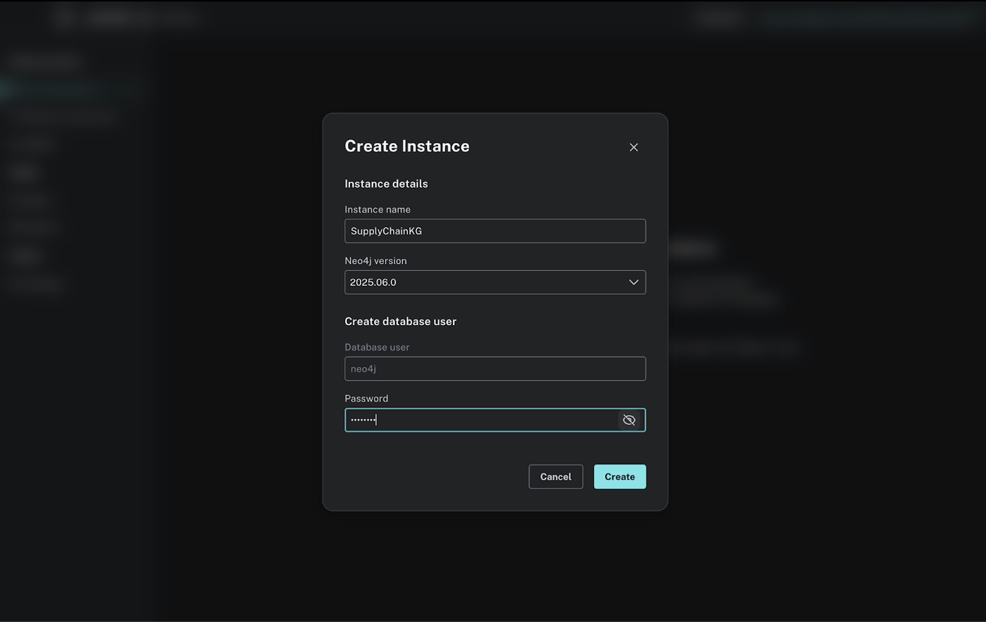 Neo4j Desktop "Create Instance" dialog with instance name SupplyChainKG, a version field, and database user fields