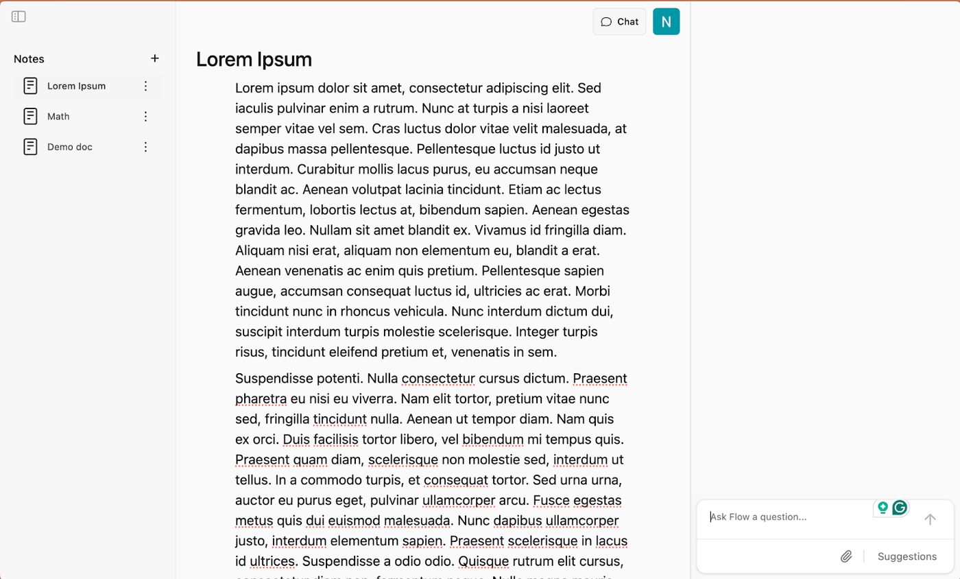 Flow app interface with a notes sidebar, a document editor showing placeholder text, and a chat panel on the right