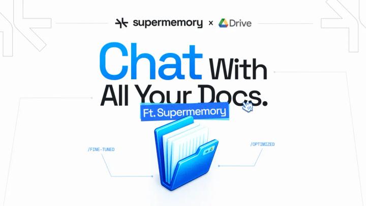 Banner reading "Chat With All Your Docs Ft. Supermemory" with a blue file folder and Supermemory x Drive logos