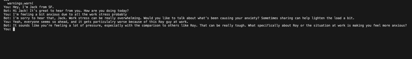Terminal chat where the bot recalls that Jack from SF feels anxious about work stress and a coworker named Roy