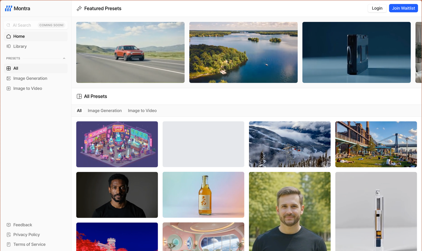 Montra app UI showing featured and all presets for image generation and image-to-video as a gallery of thumbnails