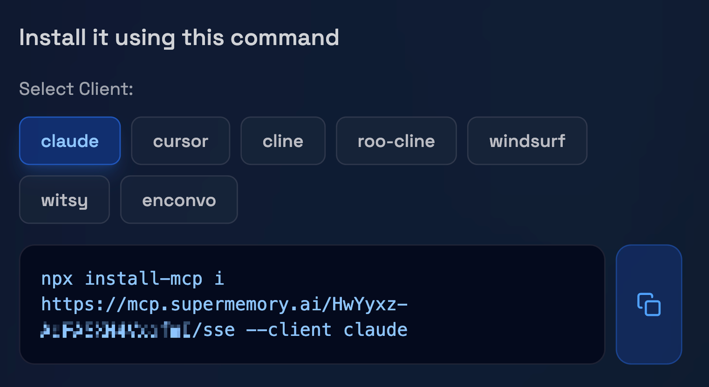 Supermemory MCP install UI with client tabs (claude, cursor, cline, windsurf) and an npx install-mcp command