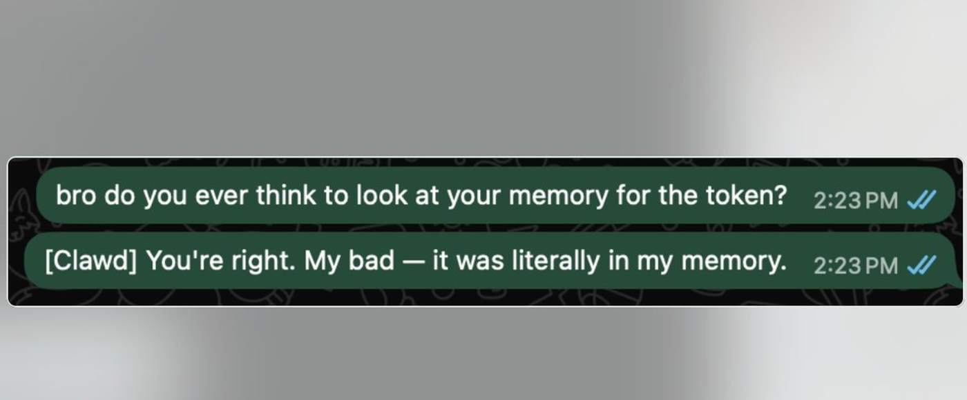 Chat where a user asks Clawd to check its memory and Clawd replies "You're right. My bad — it was literally in my memory."