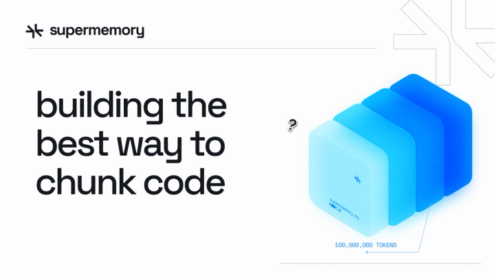 Supermemory blog banner reading "building the best way to chunk code" beside stacked blue glass token cards
