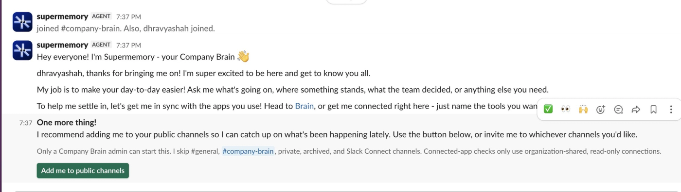 Supermemory greeting the team in Slack after joining the company-brain channel
