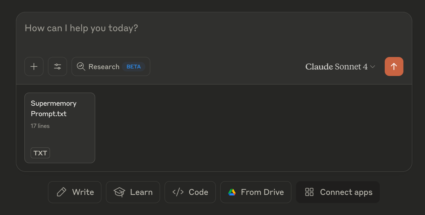 Claude chat composer with a Supermemory Prompt.txt attachment and the Sonnet 4 model selected