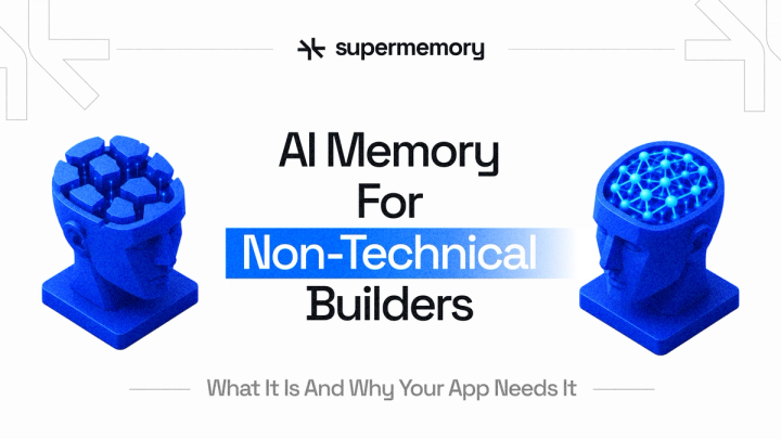 Banner reading "AI Memory For Non-Technical Builders" flanked by two blue 3D heads, one with cubes and one with a neural network