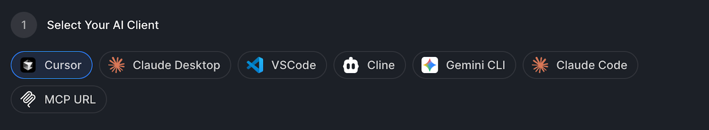 AI client selector with Cursor chosen among Claude Desktop, VSCode, Cline, Gemini CLI, Claude Code, and MCP URL