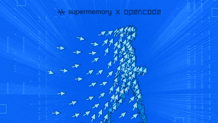 Blue banner reading "supermemory x opencode" above many small arrows converging upward into a dense formation