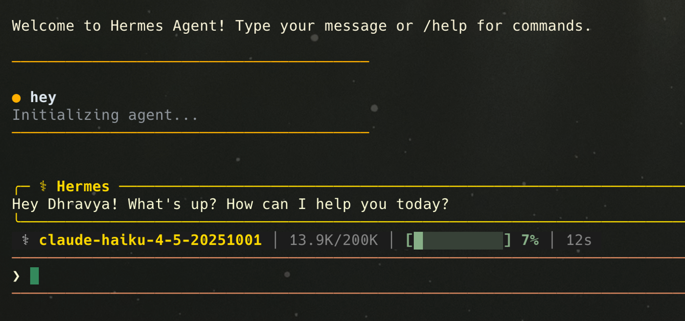 Hermes Agent terminal greeting reply running on claude-haiku-4-5, with a token and progress status bar