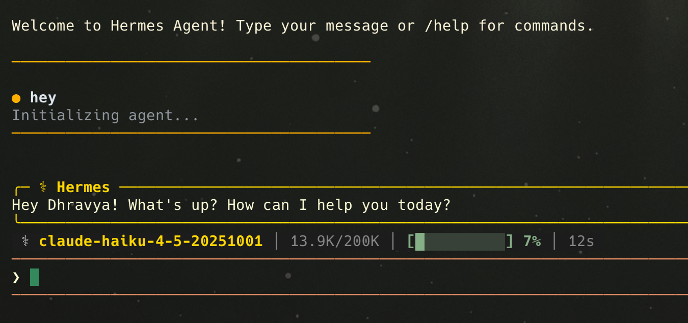Hermes Agent terminal greeting reply running on claude-haiku-4-5, with a token and progress status bar