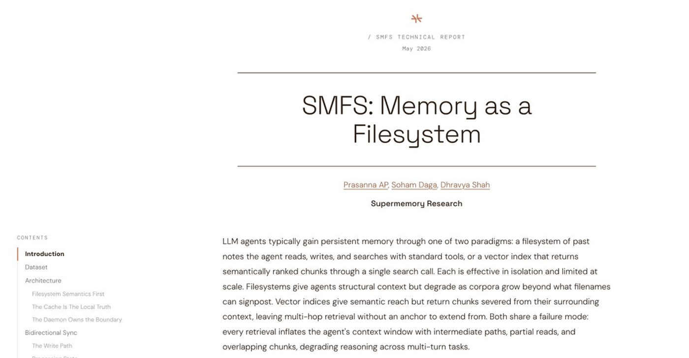 Title page of the "SMFS: Memory as a Filesystem" technical report by Supermemory Research