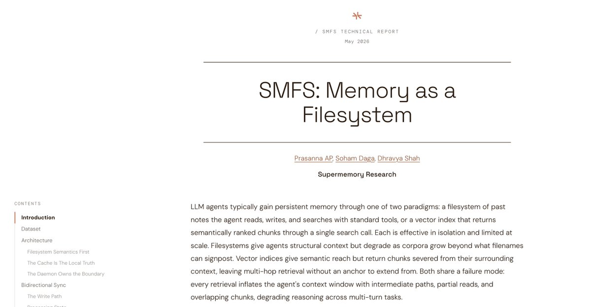 Title page of the "SMFS: Memory as a Filesystem" technical report by Supermemory Research