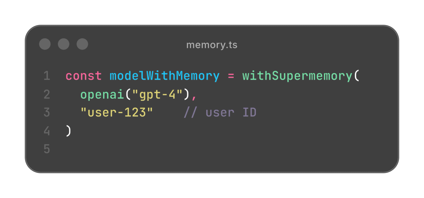 Code in memory.ts wrapping openai gpt-4 with withSupermemory() and a user-123 user ID to add memory