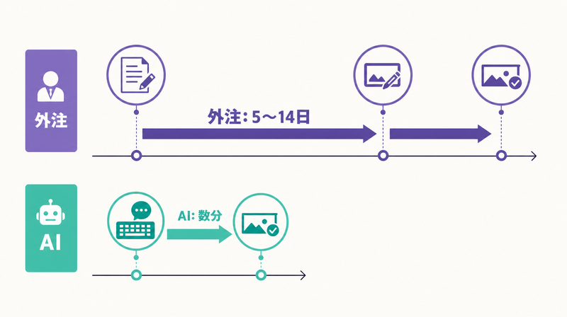 外注5〜14日とAI数分のバナー制作納期を比較したタイムライン図