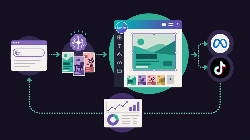 Canva GrowのAI広告生成から配信・分析までの一気通貫フロー図