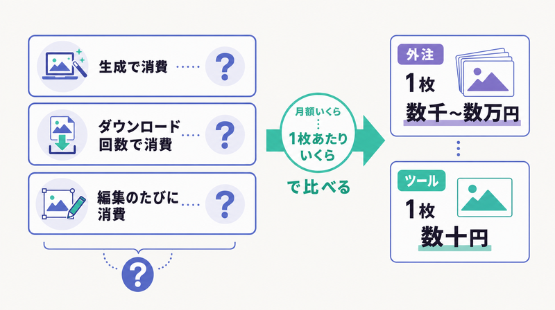 クレジット定義がツールごとに異なることと1枚あたりコストで比較する考え方を示す図