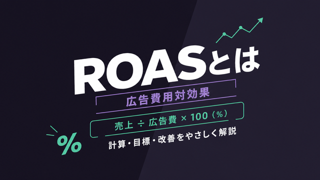 ROASの計算式と上向きグラフを添えて広告費用対効果を象徴したタイポグラフィ型サムネイル