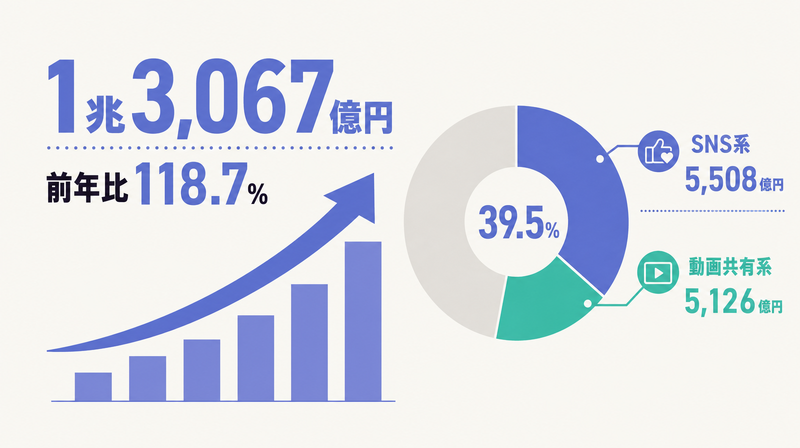 ソーシャル広告費1兆3,067億円と構成比39.5%を示すグラフ
