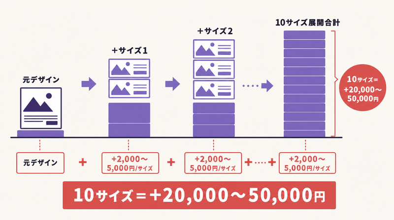 バナーのサイズ展開に必要な追加費用（2,000〜5,000円/サイズ）の積み上げ図解