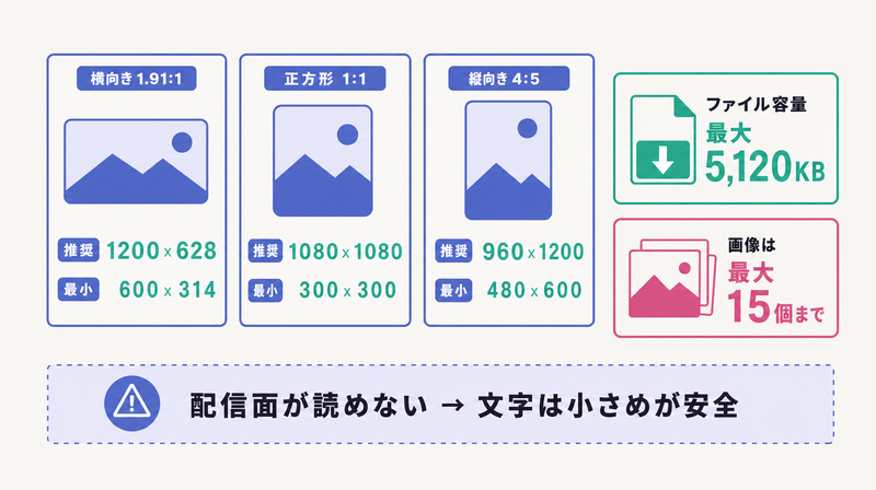 推奨1200×628・最小600×314・最大5120KB・15個までというGoogleディスプレイ広告の規定図