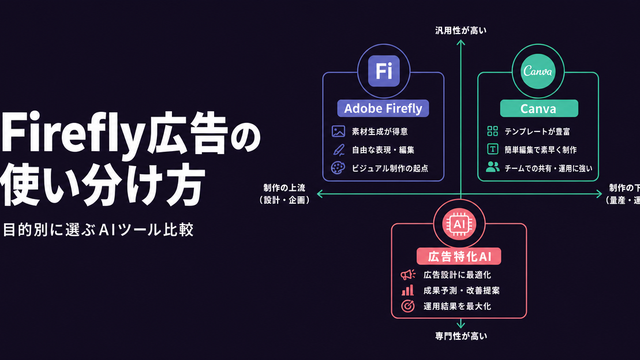 Adobe Fireflyと広告特化AIを目的別に比較した構造化サムネイル