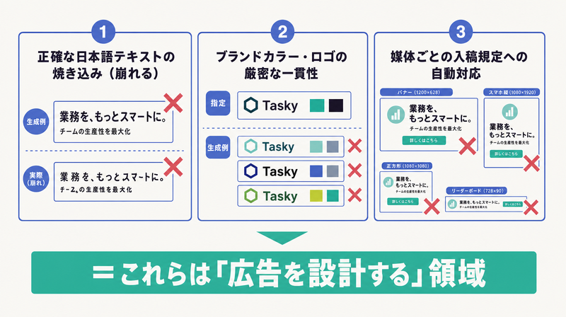 正確な日本語テキスト・ブランド一貫性・媒体入稿規定という画像生成では担保できない効かない場面を示した図