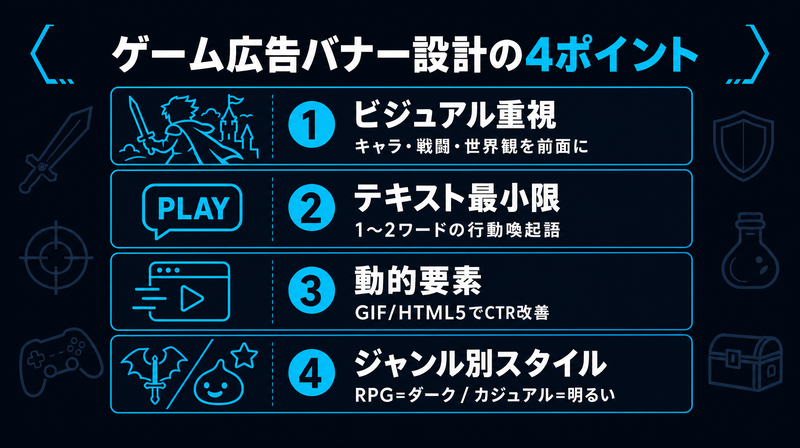 ゲーム広告バナーのクリエイティブ設計4ポイントを示すリスト図