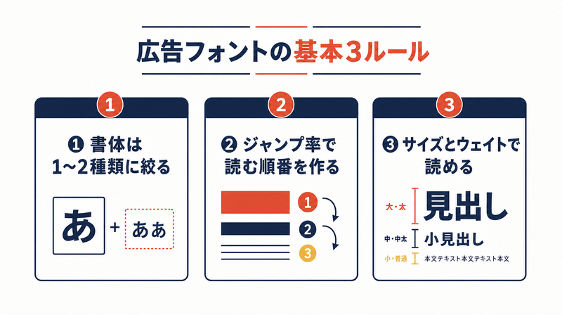 書体を1〜2種類に絞る・ジャンプ率で読む順番を作る・サイズとウェイトで読めるを担保するという基本3ルールを示した図