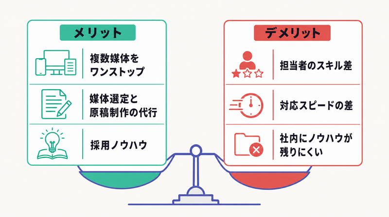 ワンストップ管理や原稿制作代行などのメリットと担当者のスキル差やノウハウが残りにくいなどのデメリットを対比した図
