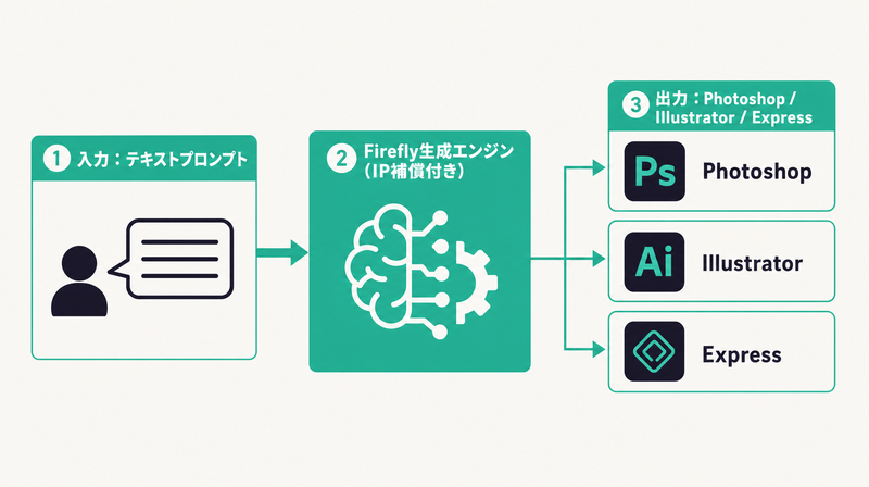 Adobe Fireflyの機能構造とCreative Cloud統合フローの概観図