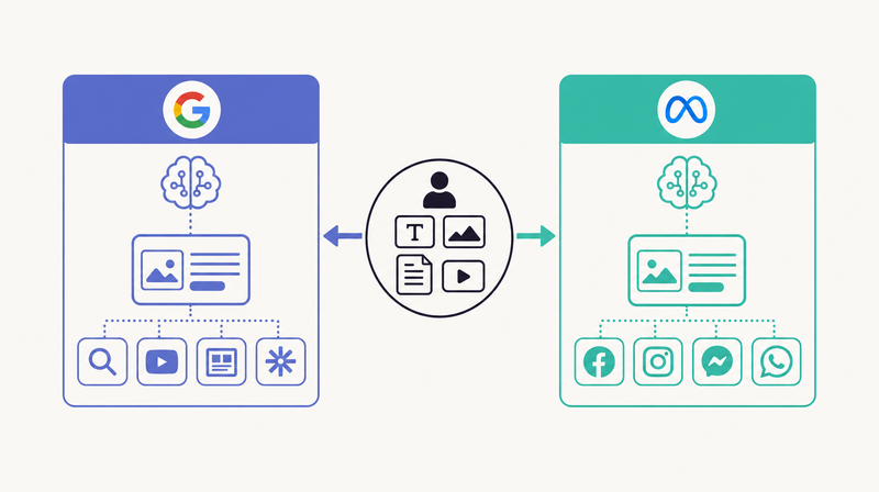 Google P-MAXとMeta Advantage+が入力情報をもとに広告を組み立てる主要媒体機能の図