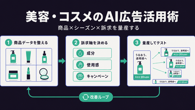 美容・コスメのAI広告を商品データ整備から訴求設計・量産まで3ステップで進める流れを示した構造図サムネイル