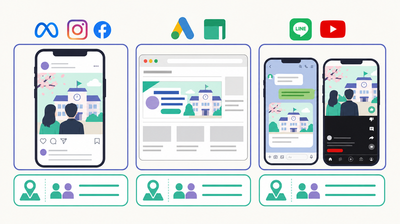 Meta・GDN／YDA・LINE・YouTubeの配信先と地域配信・二層リーチを示す概要図