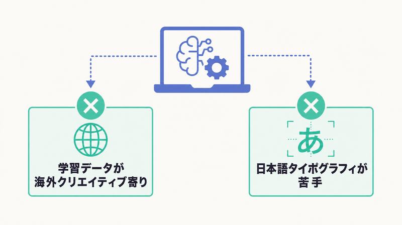 学習データの偏りと日本語タイポの難しさという汎用AIが日本の作法を再現しにくい2つの理由の図