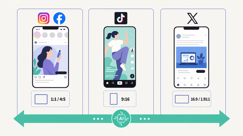 Instagram・TikTok・Xの主要SNS別クリエイティブをAIで横断展開する使いどころを示す図