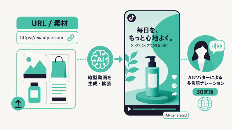 TikTok SymphonyがURLや素材から縦型動画を生成・拡張し、AI-generatedラベルが付く流れを示したイラスト