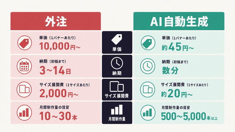 外注とAIバナー自動生成のコスト・納期・制作量を対比した比較ビジュアル