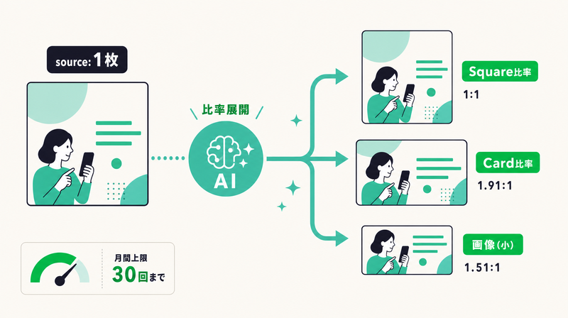 一枚の画像をLINE Creative Labが複数の比率へ拡張するイラスト