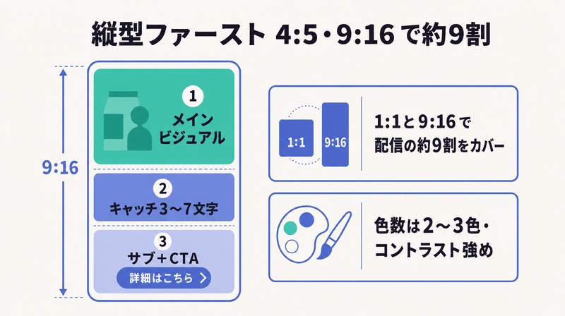 縦型フレームを上からメインビジュアル・キャッチ・サブ＋CTAの3層に分け1対1と9対16で9割カバーする縦型ファースト設計図
