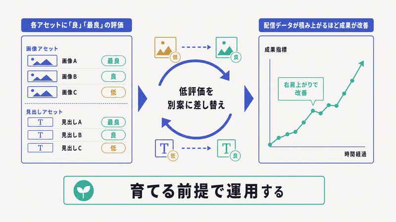 各アセットの良最良評価を見て低評価を差し替え配信データが積み上がるほど成果が改善する運用ループを示した図