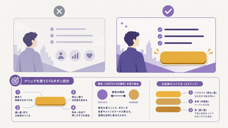 求人バナー広告のCTAボタンデザイン：補色による視認性向上と立体感のデザイン例
