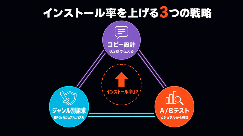 インストール率を上げるクリエイティブ戦略3要素（コピー・ジャンル・A/Bテスト）のトライアングル図
